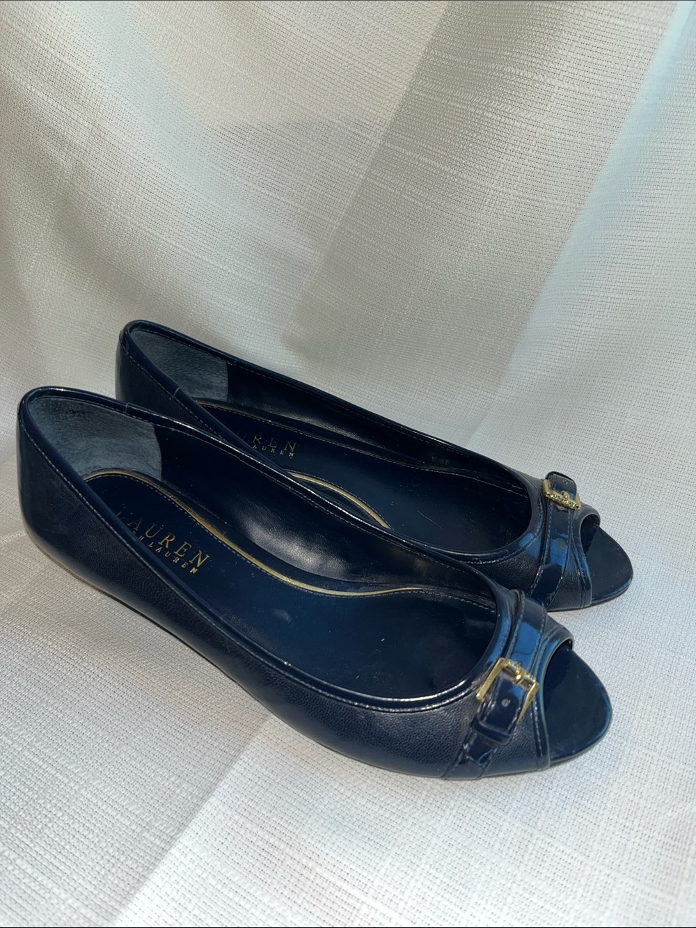 Lauren Ralph Lauren Navy Leather Peep Toe Flats with Gold Buckle Accent